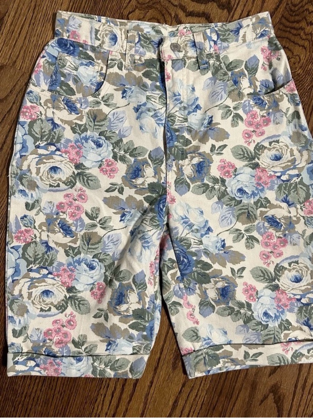Express Floral High-Rise Shorts in Cream, Blue and Pink